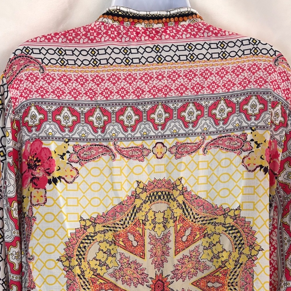 Charter Club Women's L Pink Yellow Beaded Paisley Rayon Tunic Top Boho Festival - Picture 5 of 10